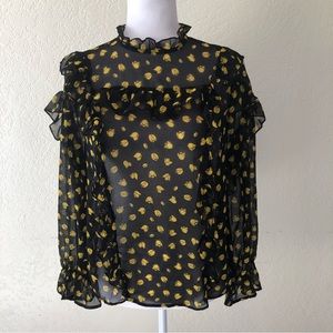 Who What Wear Women’s Size XS Black/Yellow Floral Long Sleeves Blouse Ruffled